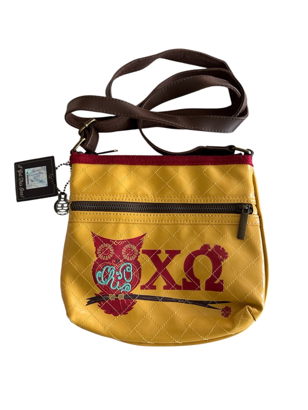 Red’s Rabbit Chi Omega Cross Body Bag Purse Leather Strap Sorority Yellow Red